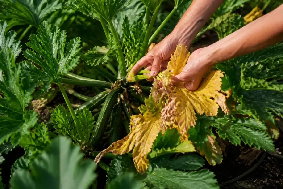 Mains retirant feuilles jaunes denses d'une courgette
