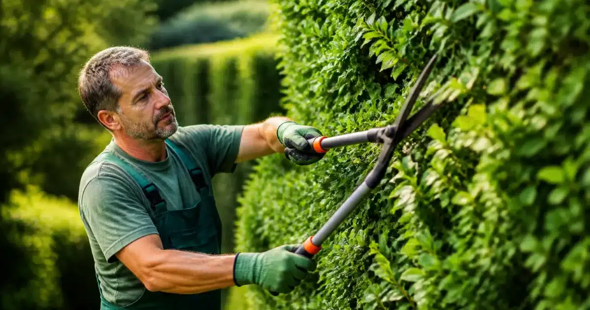 Jardinier tenant cisailles taille haie verte densément feuillue