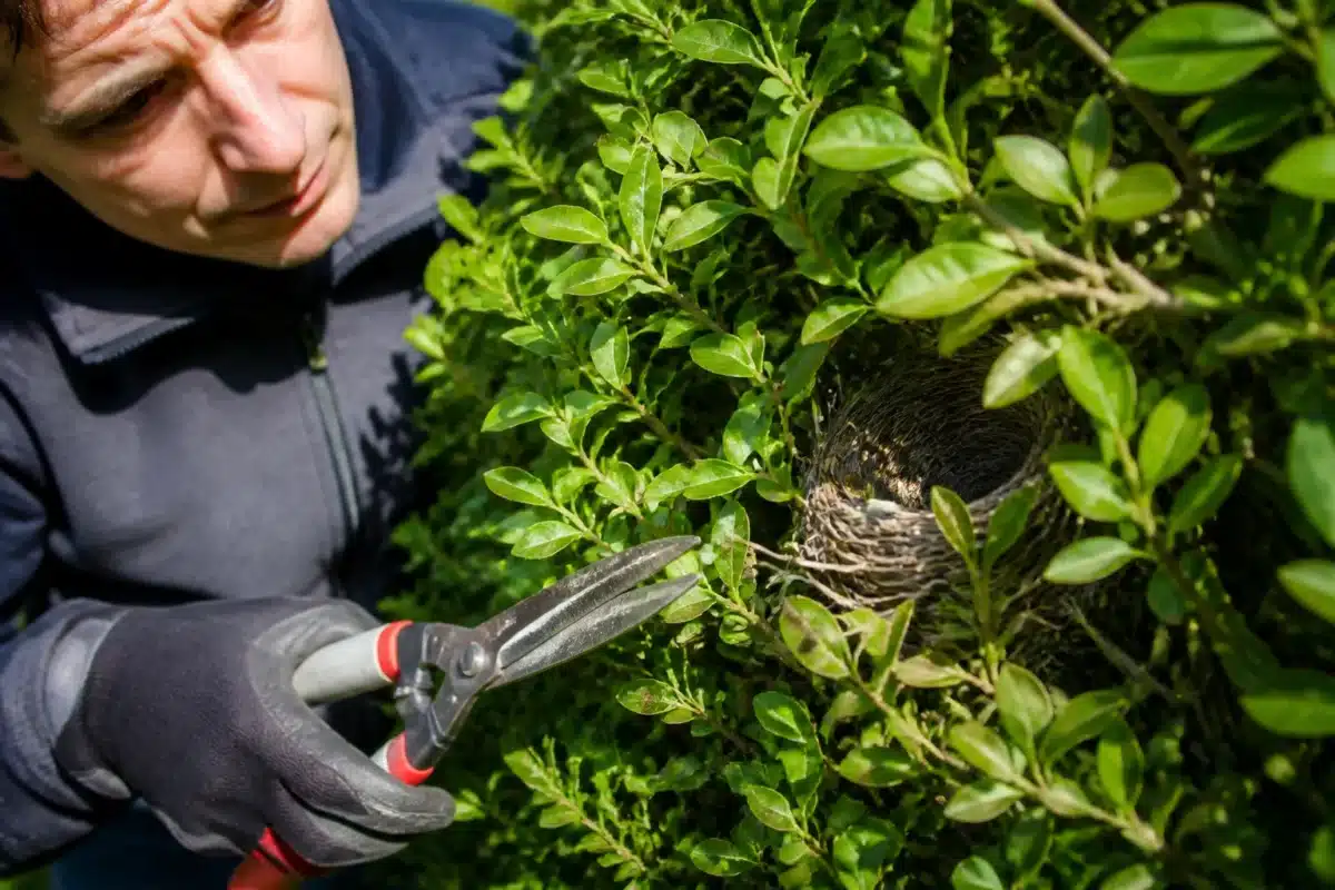 Cisailles affutees inspectant haie avec nid d'oiseau visible