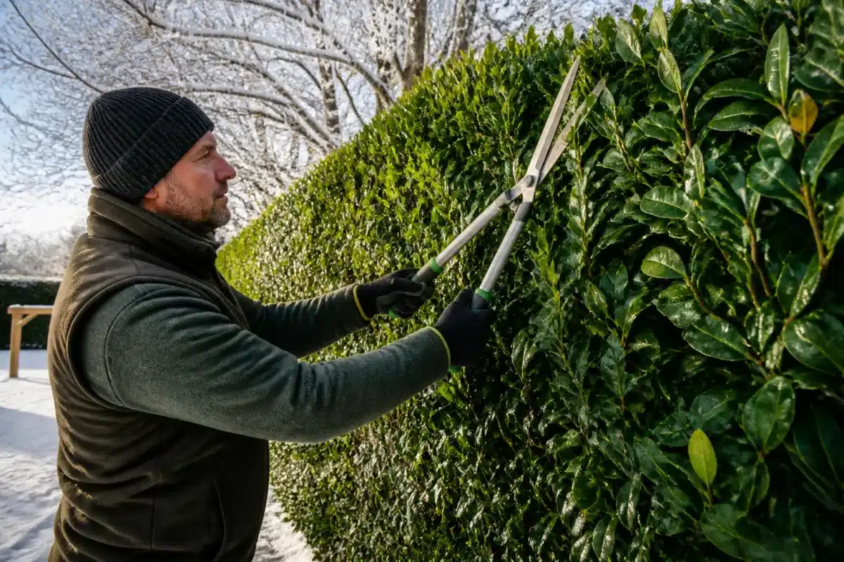 Jardinier taille haie verte avec sécateur pendant saison hivernale