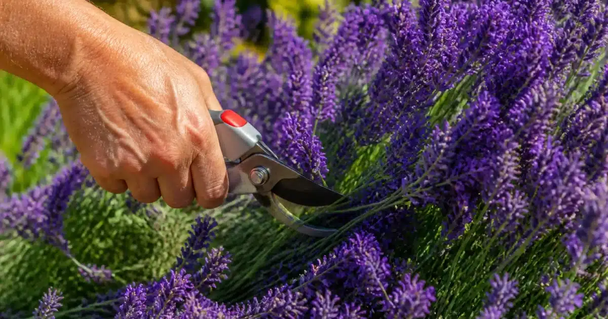 Secateurs coupant branches lavande violette en plein ete