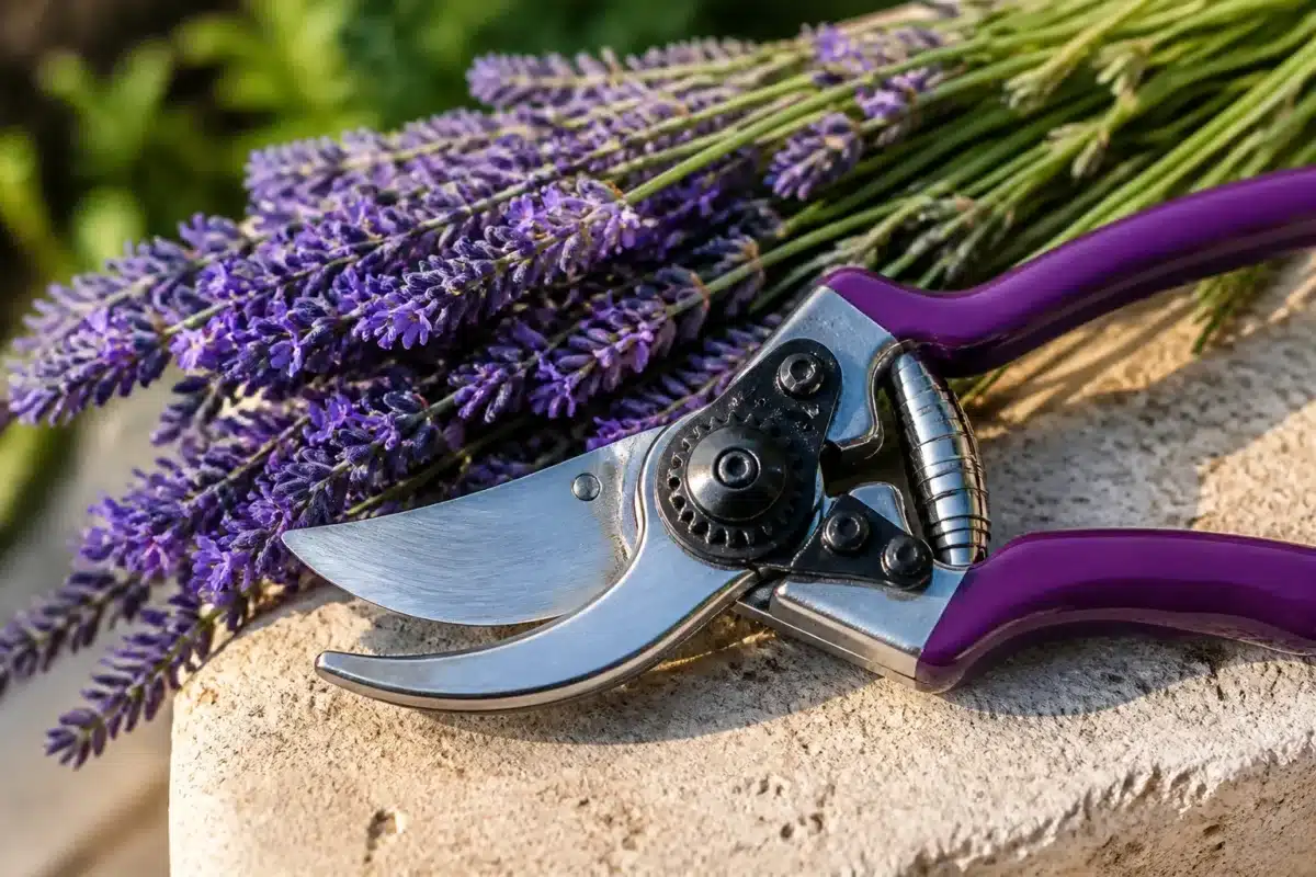Secateur affute desinfecte pres de tiges lavande violette