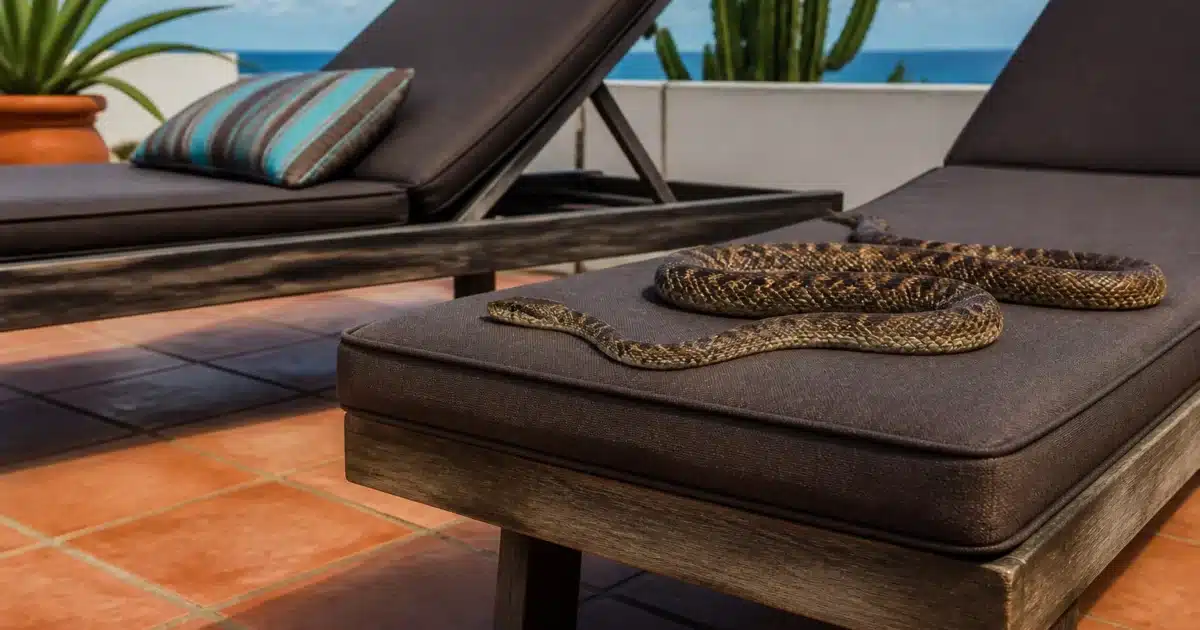 Terrasse carrelée avec chaises longues accueillant serpents venimeux allonges