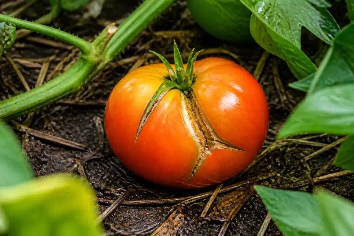 Tomate fissurée sur sol sec recouvert de paillis humide