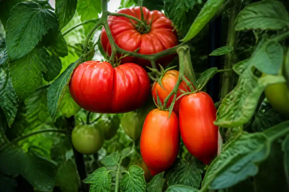 Tomates Roma et Marmande intactes sur plant vert