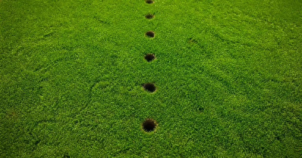 Pelouse verte parsemée de petits trous circulaires alignes verticalement