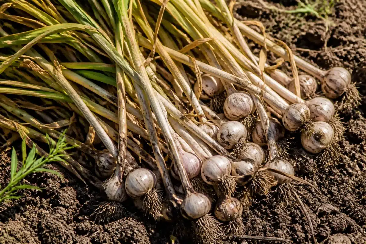Bulbes d'ail avec feuillage jauni partiellement récolté