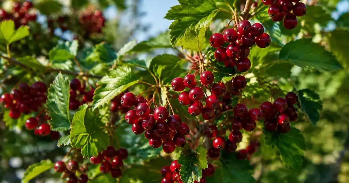 Petit arbuste fruitier aux branches chargees de baies rouges foncees