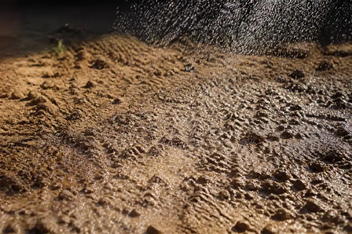 Gouttes d'eau fine arrosant lentement terre compactee