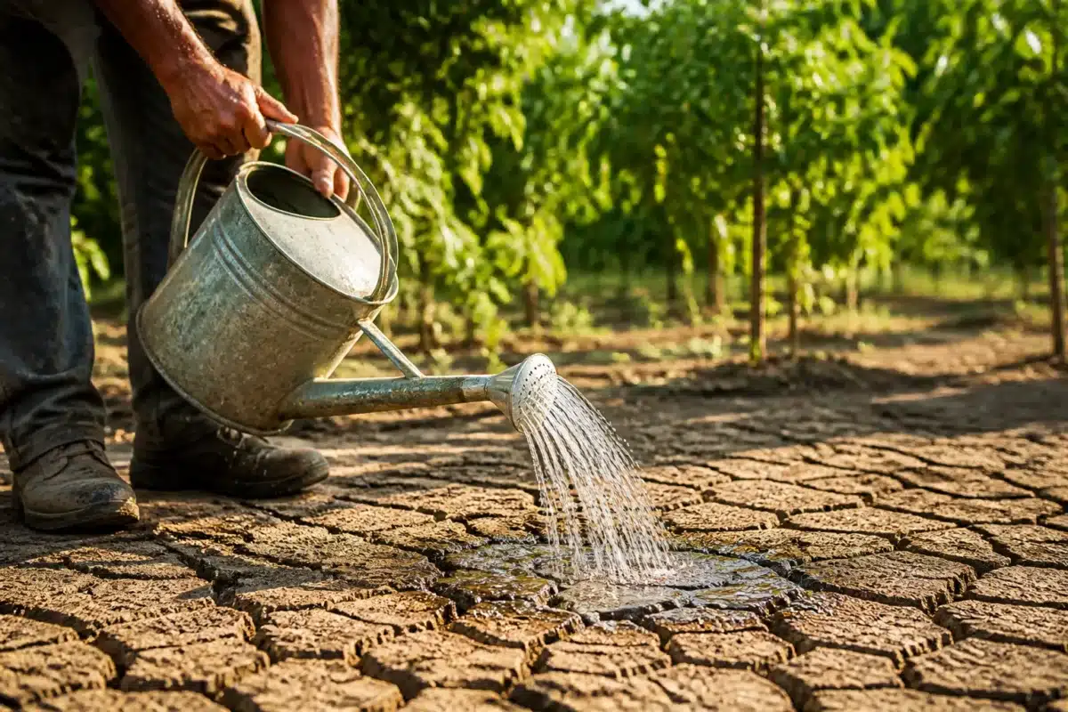 Jardinier versant eau progressivement sur sol sec et fissure