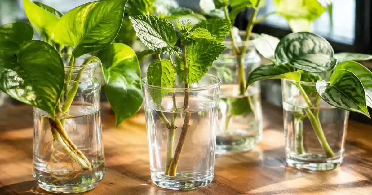 Boutures vertes disposées dans des verres remplis d'eau transparente