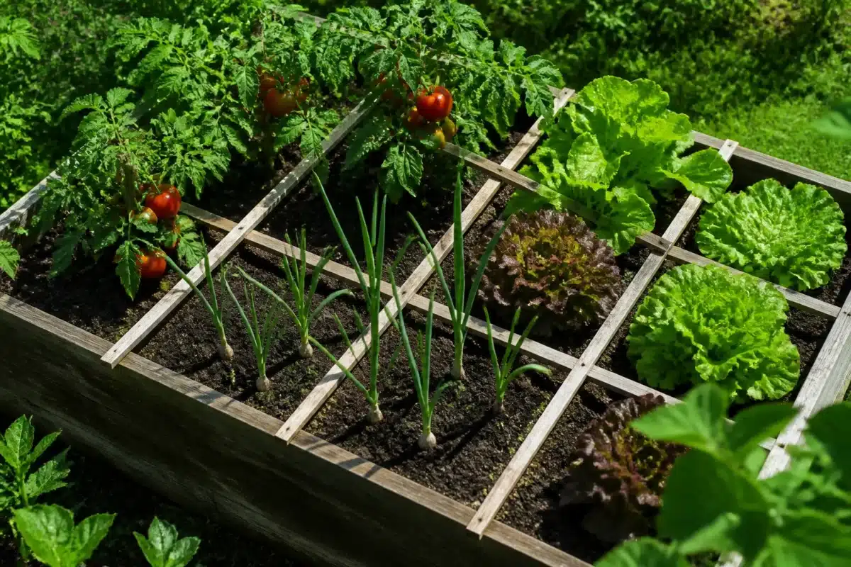 Carré potager divisé en cases avec tomates, ail et laitues.