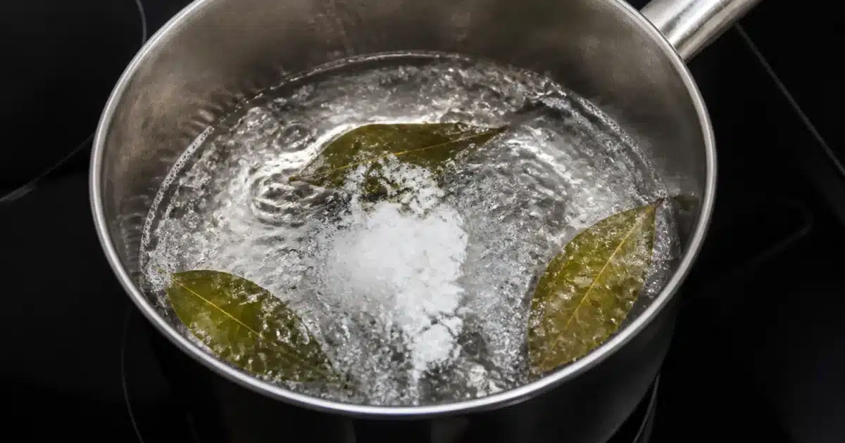Casserole eau bouillante avec feuilles laurier et poudre blanche dedans
