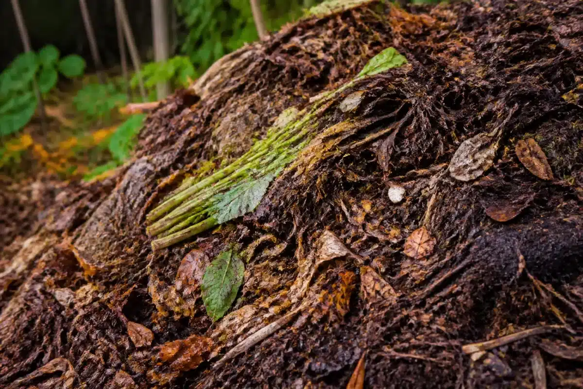 Tas de compost avec feuilles mortes brunes mélangées