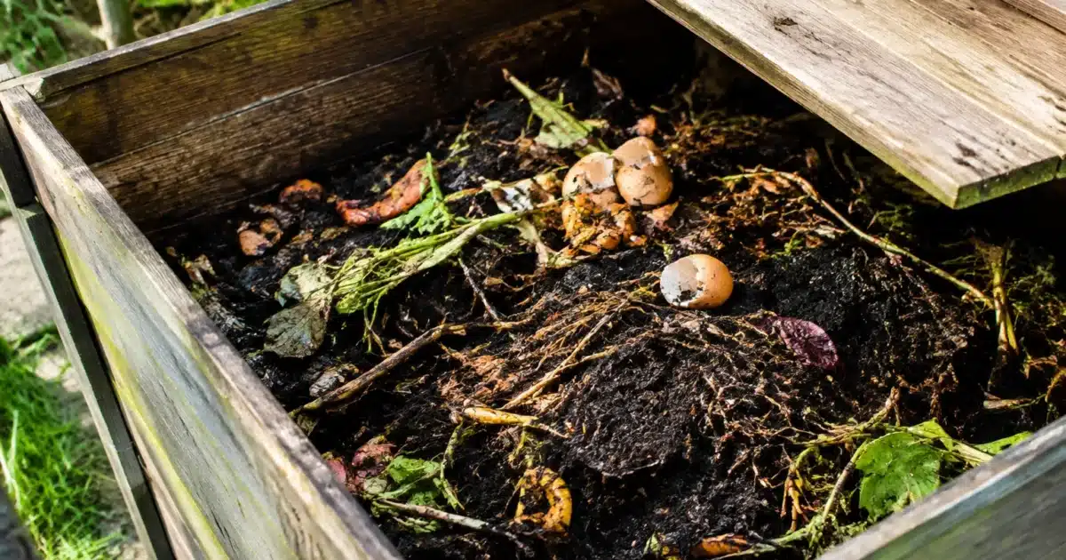 Bac de compost ouvert revelant matieres decomposees sombres et humides