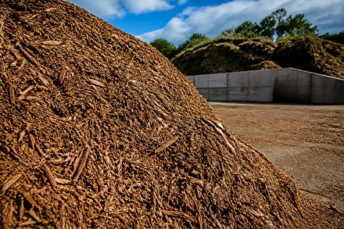 Tas de copeaux de bois broyé devant déchetterie locale