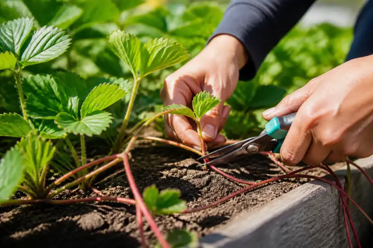 Mains coupant stolons rouges sur plant fraisier vert