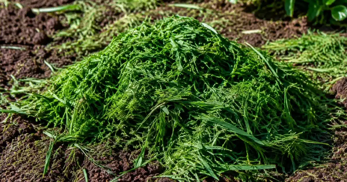 Tas de coupures d'herbe vertes amoncelees sur sol terreux