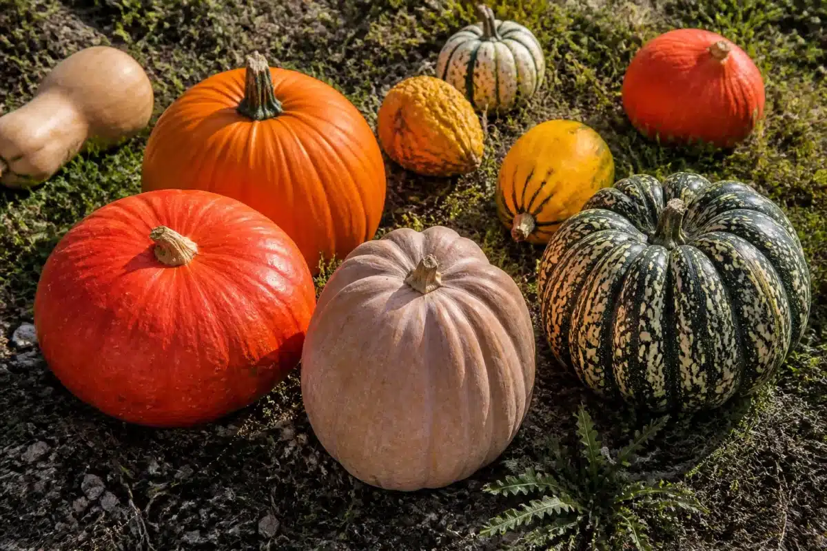 Courges posées au sol sous lumiere naturelle brillante
