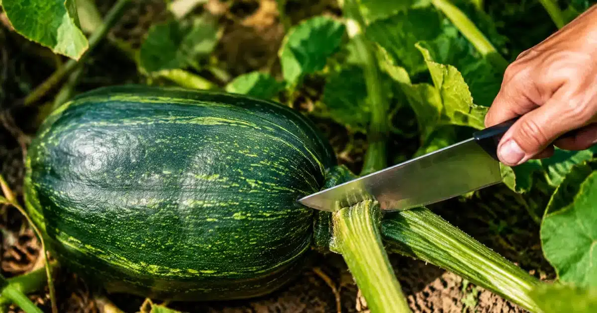 Couteau tranchant coupant la tige verte d'une courge entiere