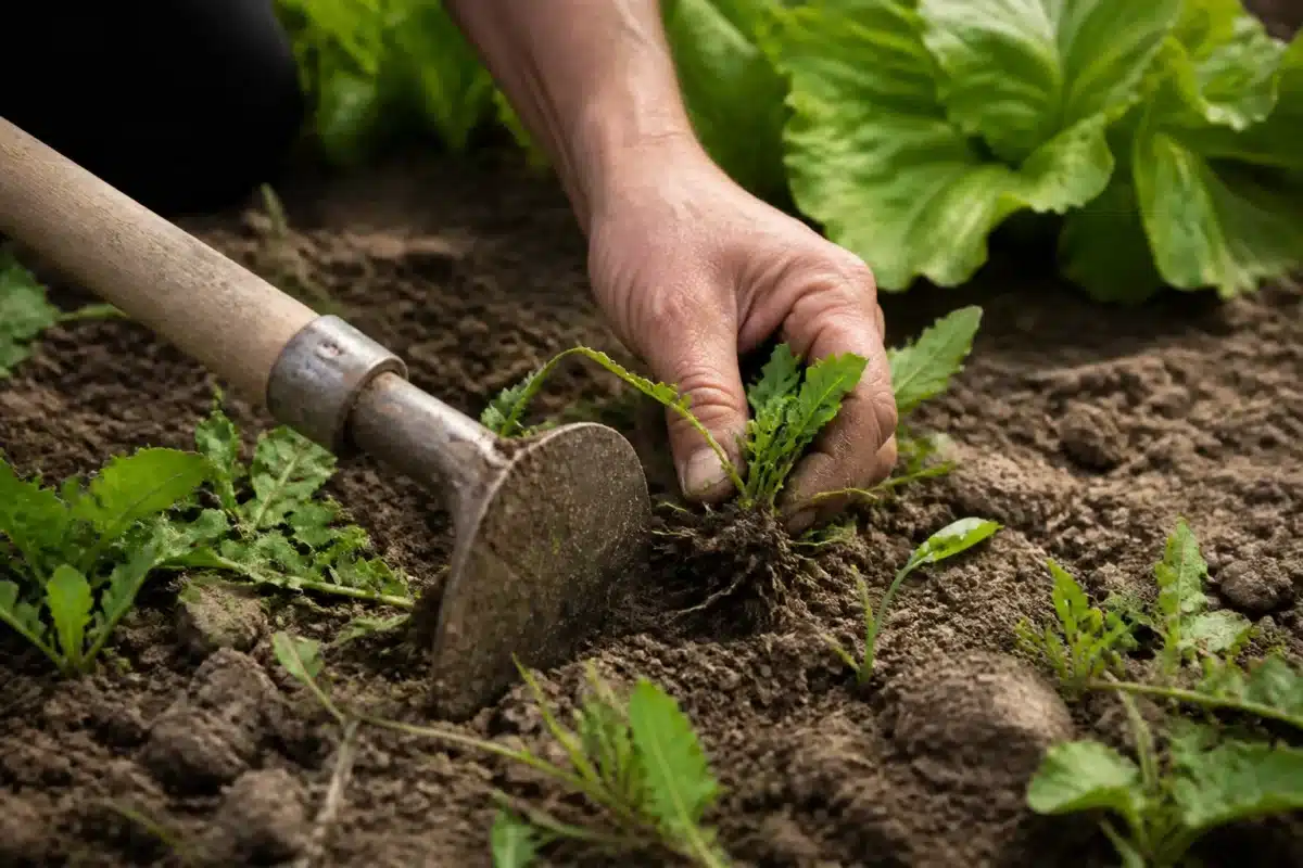Mains arrachant mauvaises herbes à la binette dans terre