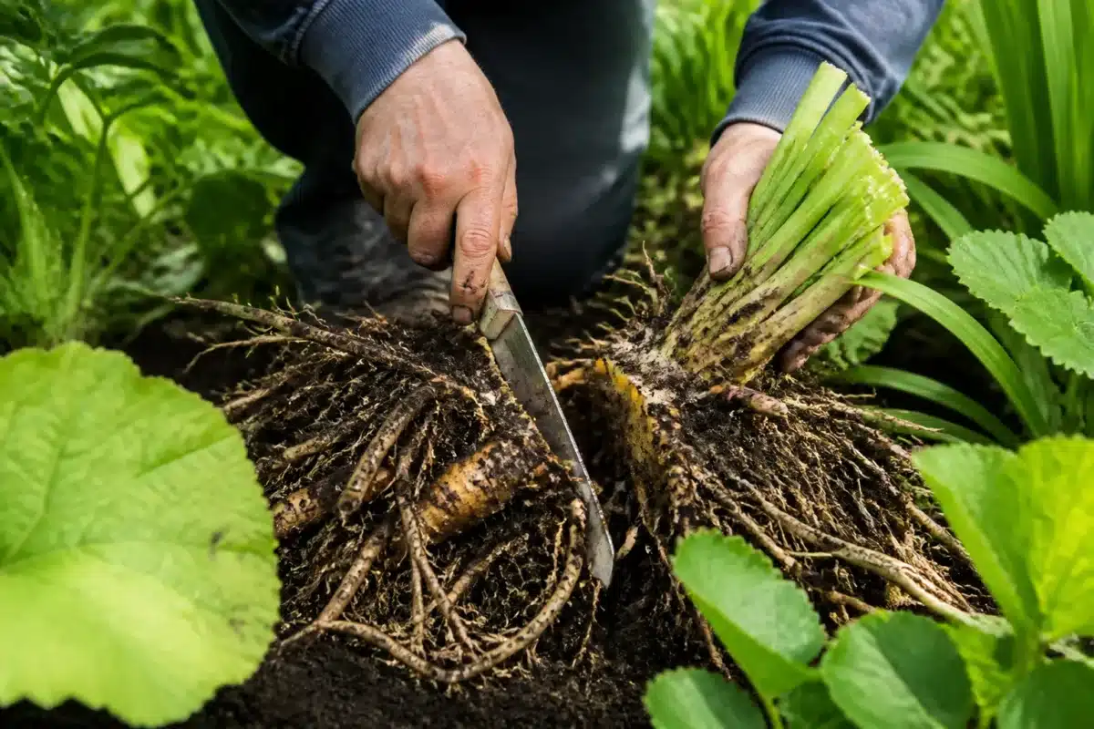 Mains divisant racines charnues plante vivace avec outil