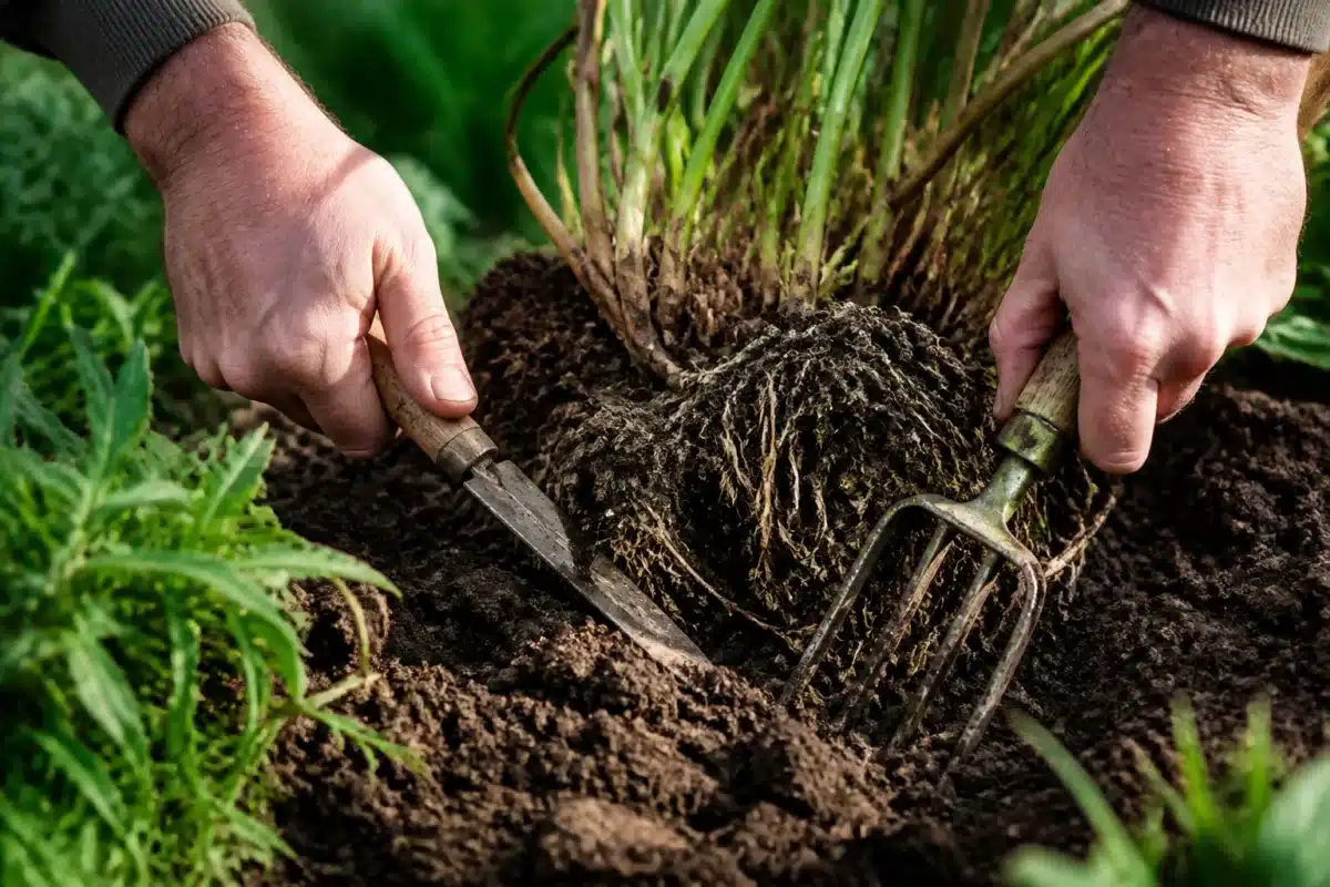 Mains séparant motte racinaire avec couteau et fourche-bêche