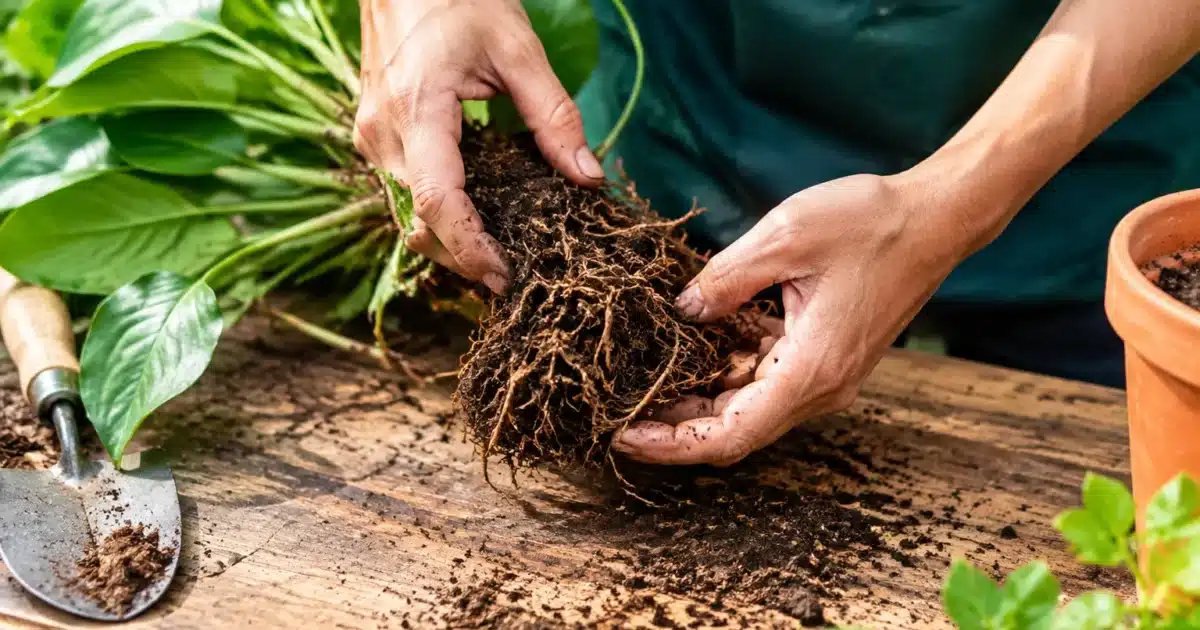 Mains separant racines de plante verte sur table de jardinage