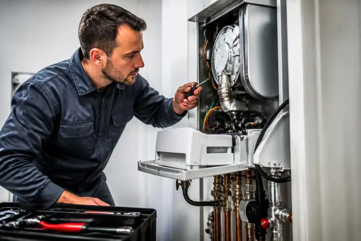 Technicien inspectant chaudière avec outils professionnels