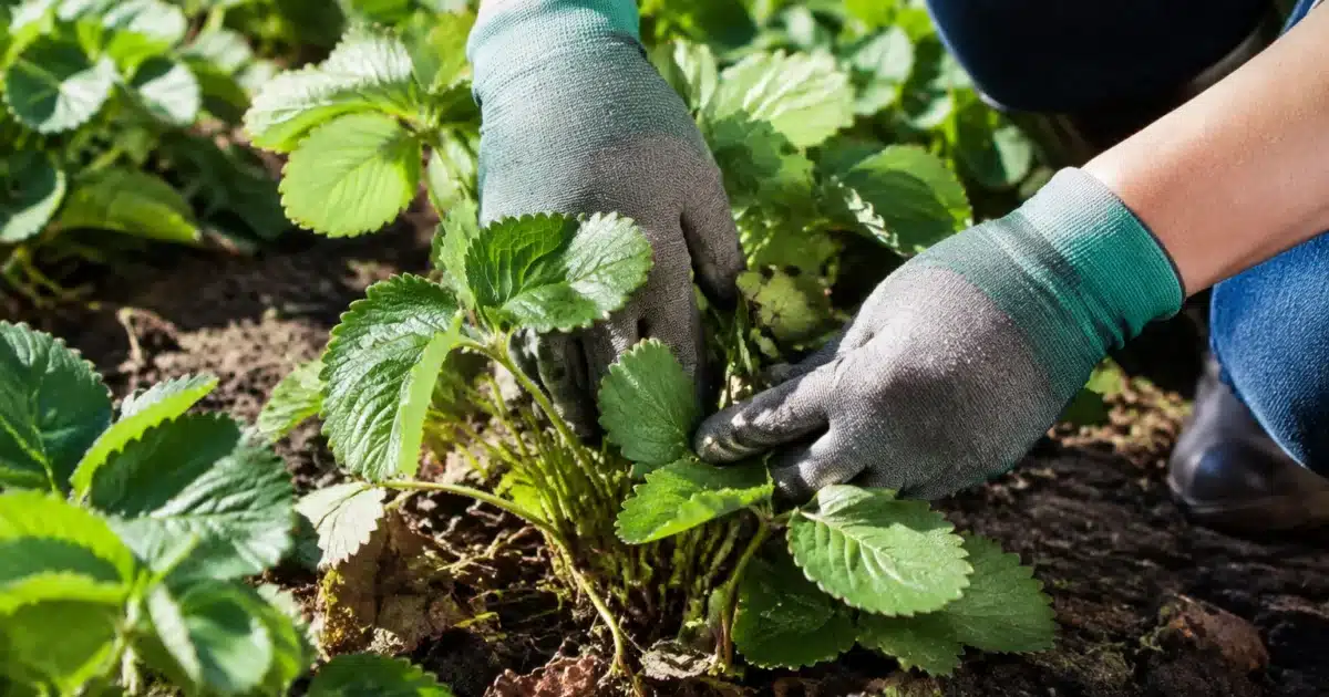Mains nettoyant plants fraisiers après recolte estivale