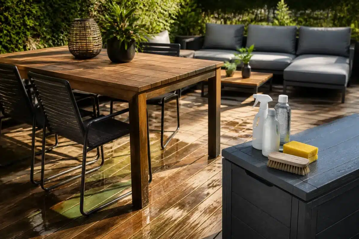 Mobilier jardin bois metal resine avec produits nettoyage
