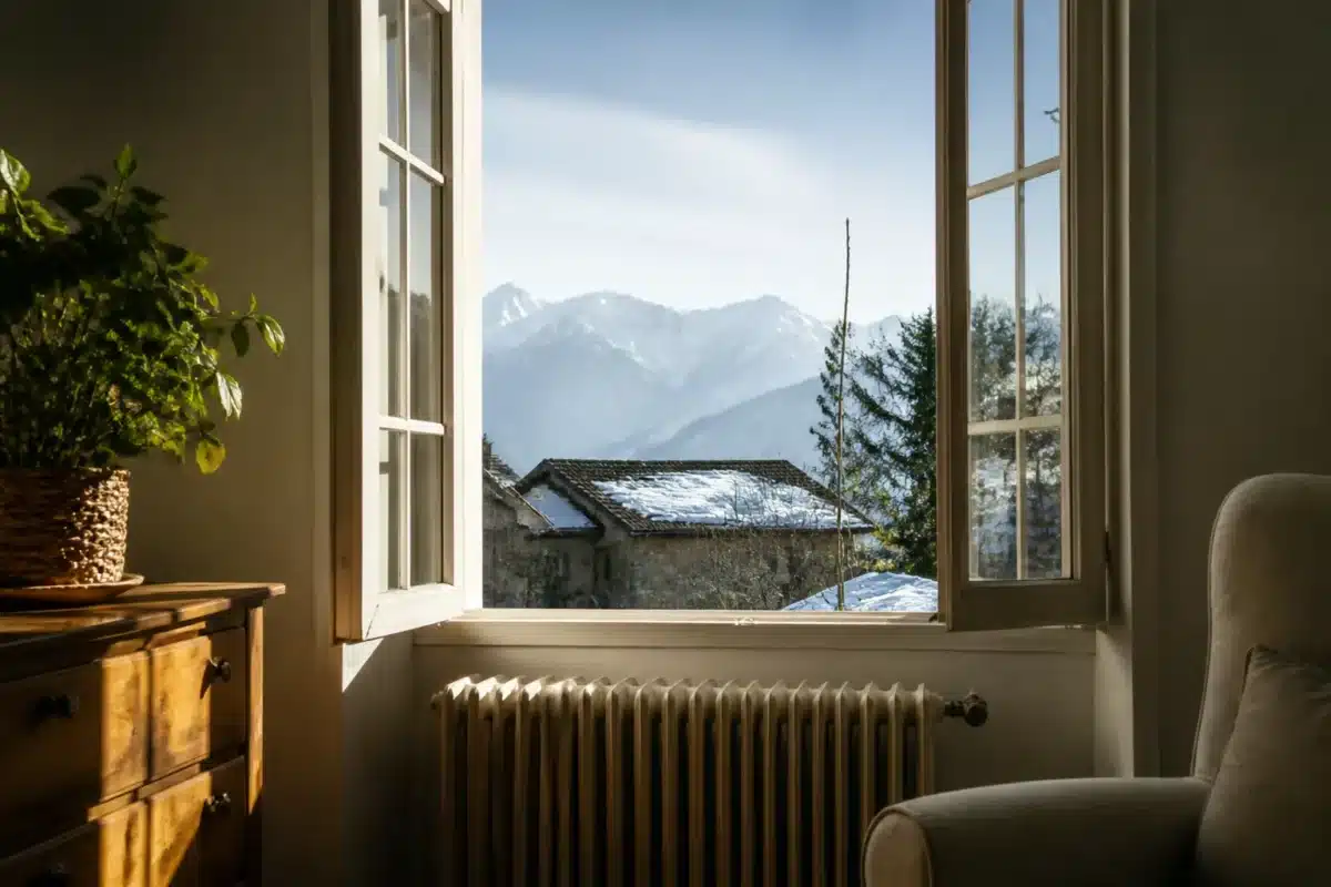 Fenetre sans moustiquaire laissant entrer lumiere hivernale douce