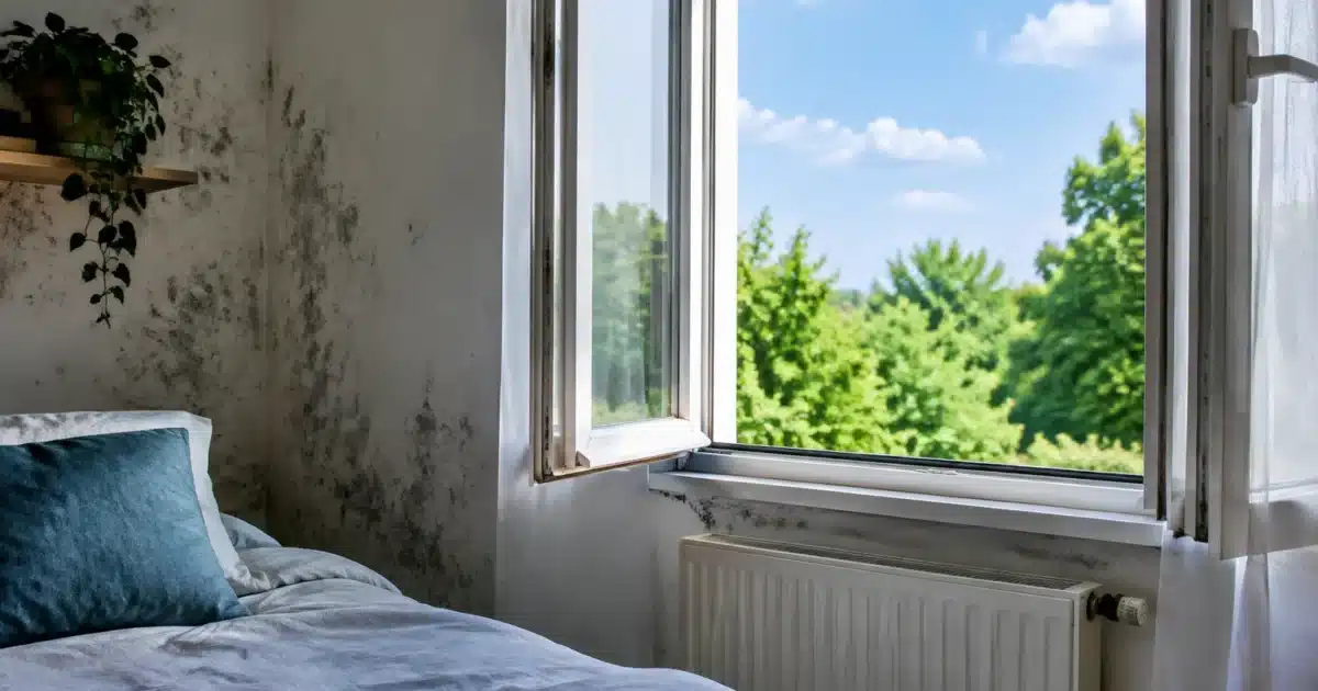 Fenetre ouverte laissant entrer air frais dans chambre humide