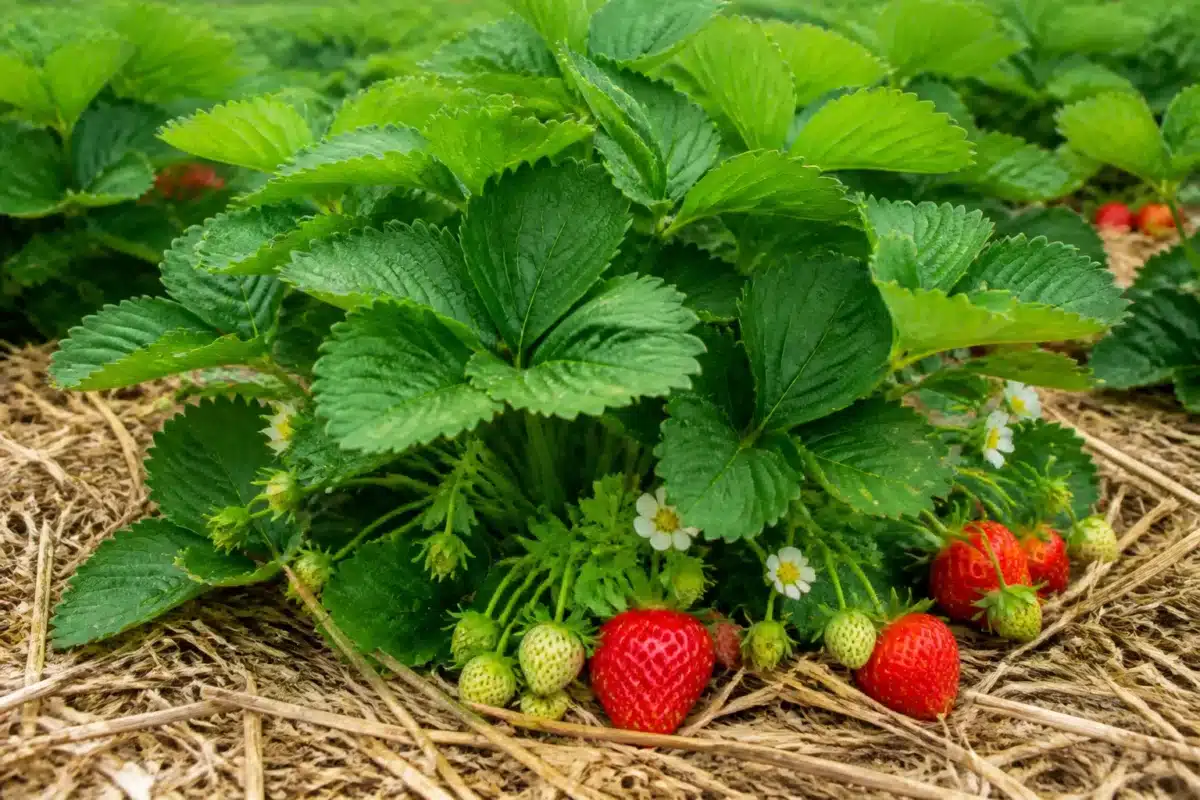 Fraisier aux feuilles vertes compactes avec paillage au sol
