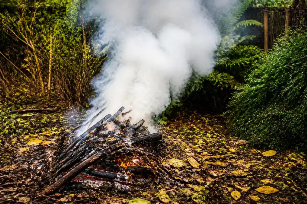 Fumee epaisse s'echappant d'un feu de jardin avec feuilles humides