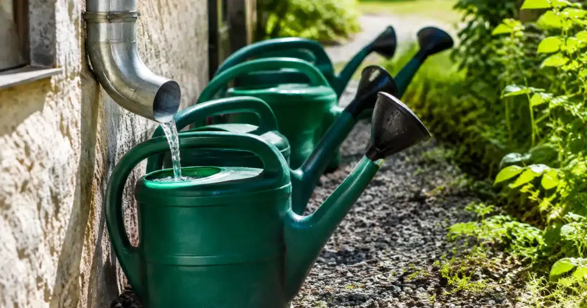 Arrosoirs alignés sous gouttière recueillant eau de pluie