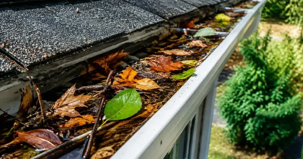 Gouttière débordante remplie de feuilles et débris accumulés