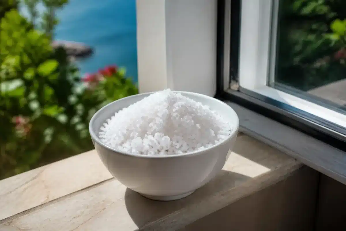 Bol blanc rempli gros sel cristallin rebord fenetre