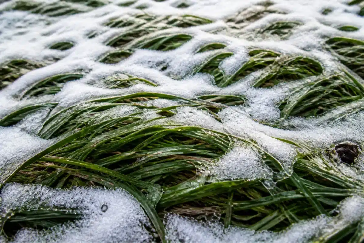 Herbe couchee humide avec accumulation neige compactee