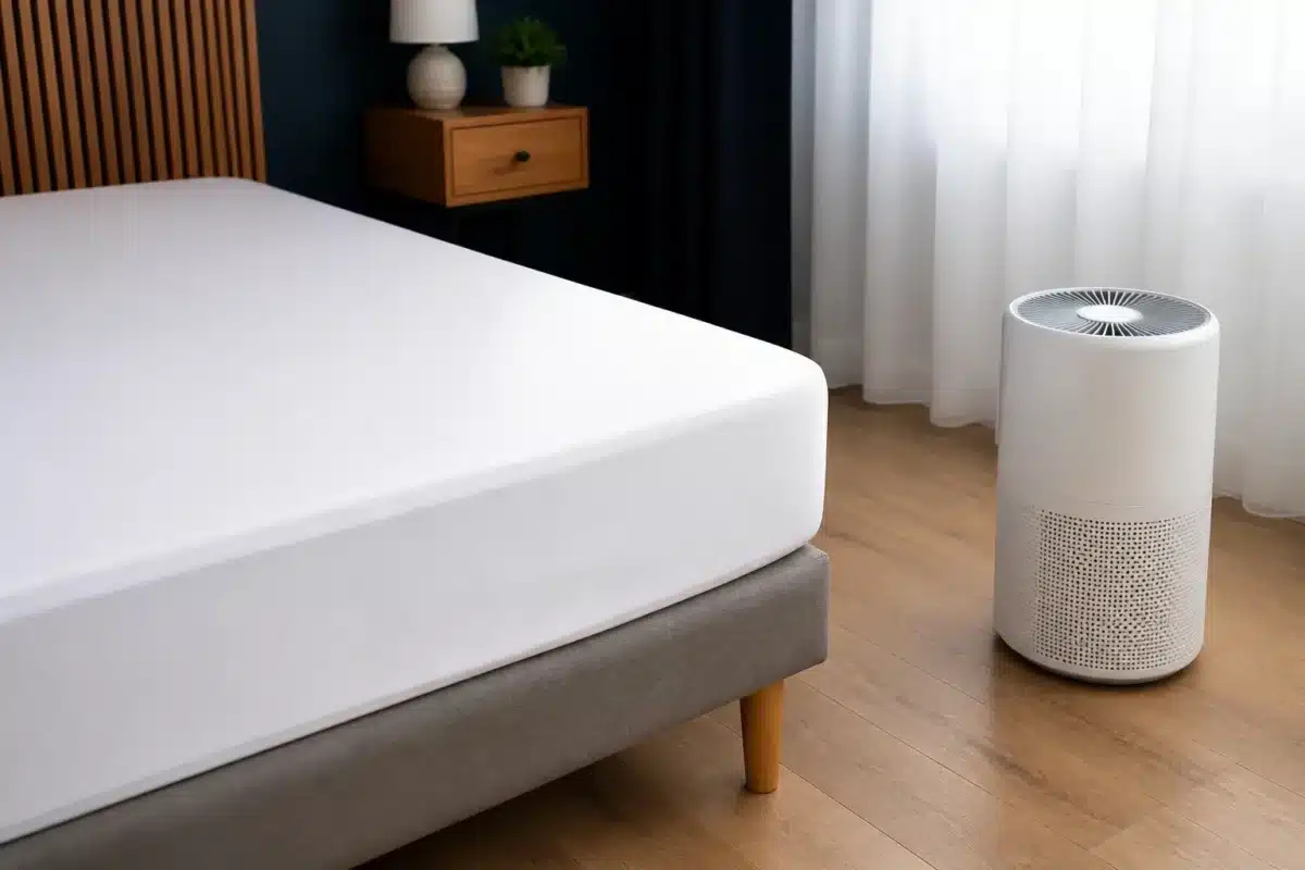 Housse blanche sur matelas avec purificateur air chambre