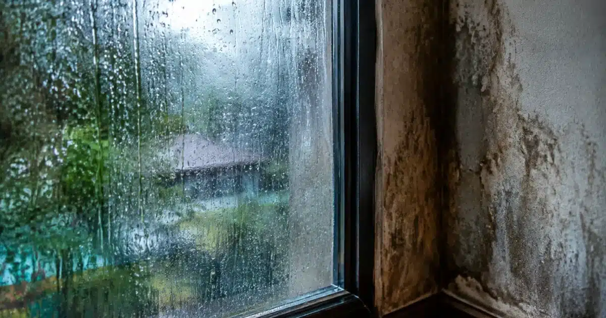 Gouttes pluie sur fenetre humide avec murs interieurs mouilles
