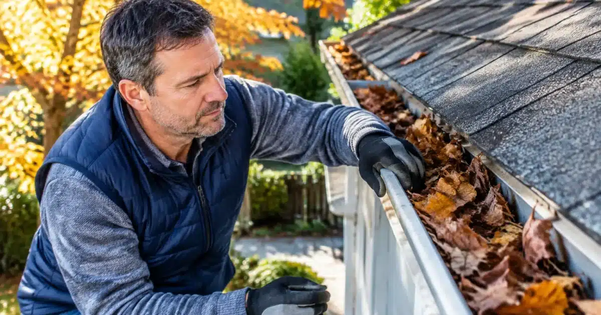 Proprietaire inspecte gouttiere maison avant automne