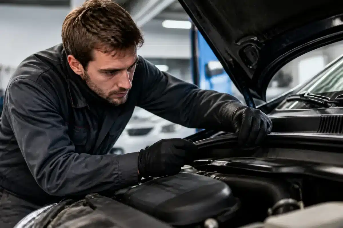 Technicien inspectant joints usures avant hiver automobile