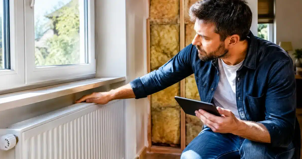 Personne inspectant radiateur, fenetre et isolation murale maison