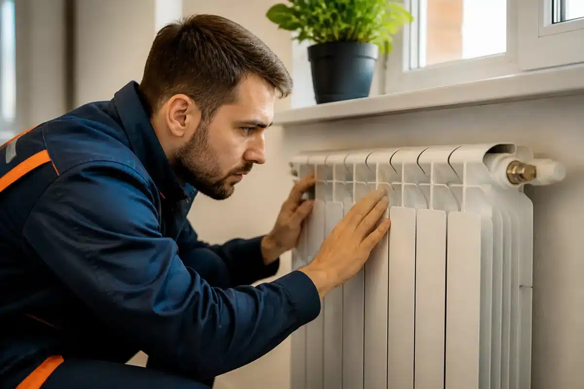 Technicien inspectant radiateur chauffage avant hiver