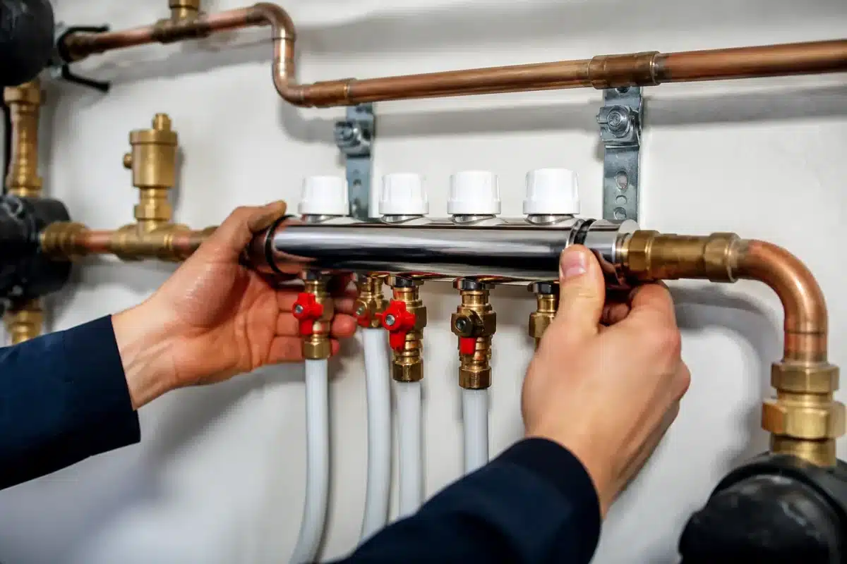 Mains installant collecteur eau sur tuyauterie existante