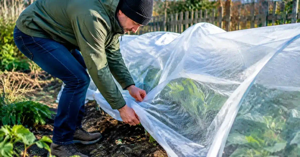 Jardinier courbé protégeant plantes avec voile hivernal tendu