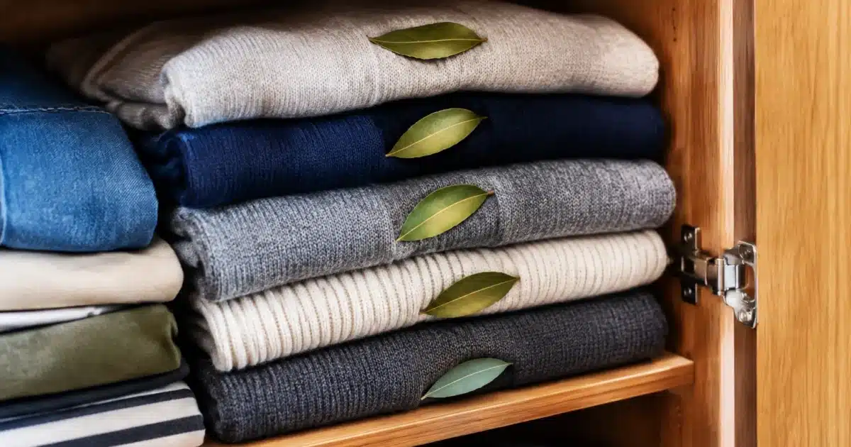Feuilles de laurier placees entre vetements plies dans placard ouvert