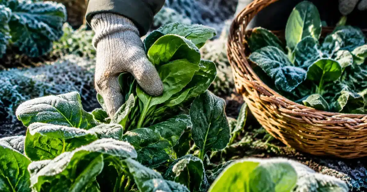Legume vert feuille recoltee dans jardin givre hivernal