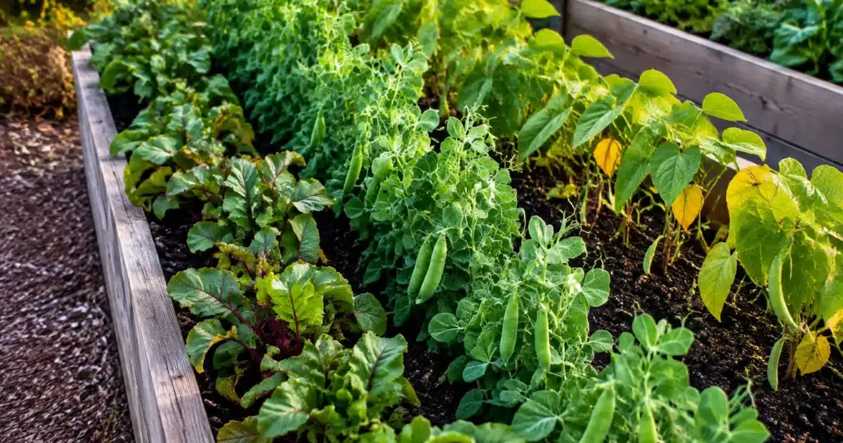 Legumes d'automne plantes en rangs dans carre potager sureleve